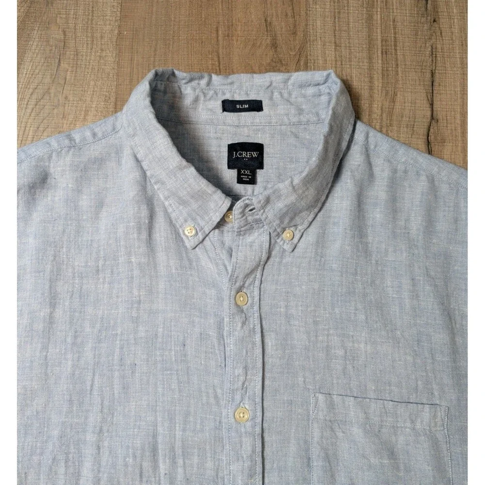 J Crew Size XXL Linen Blend Shirt Slim Fit Short Sleeve Button Down Preppy